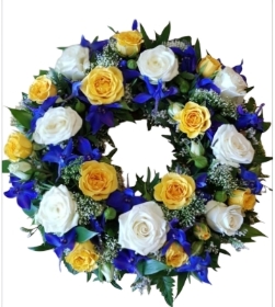 White blue and yellow wreath